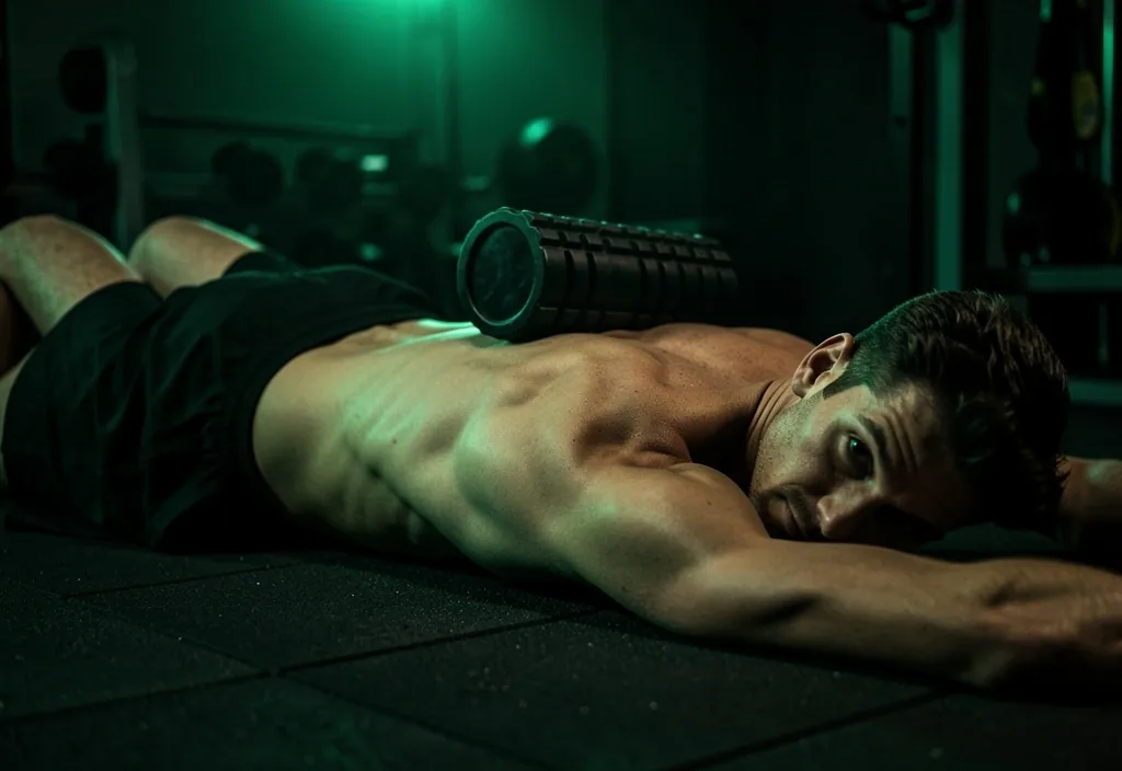 Athlete using foam roller on upper back during recovery session