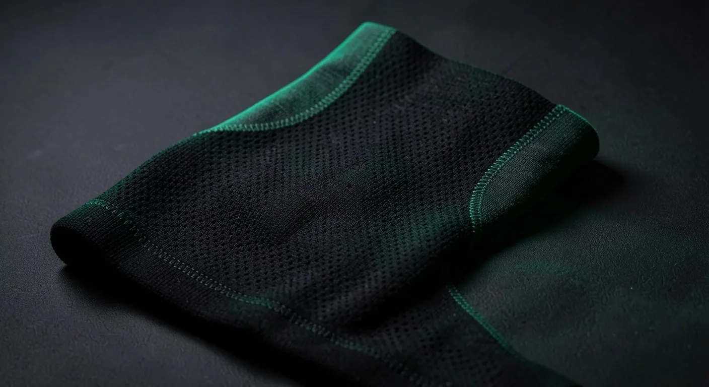 Knee support sleeve on dark surface with emerald lighting